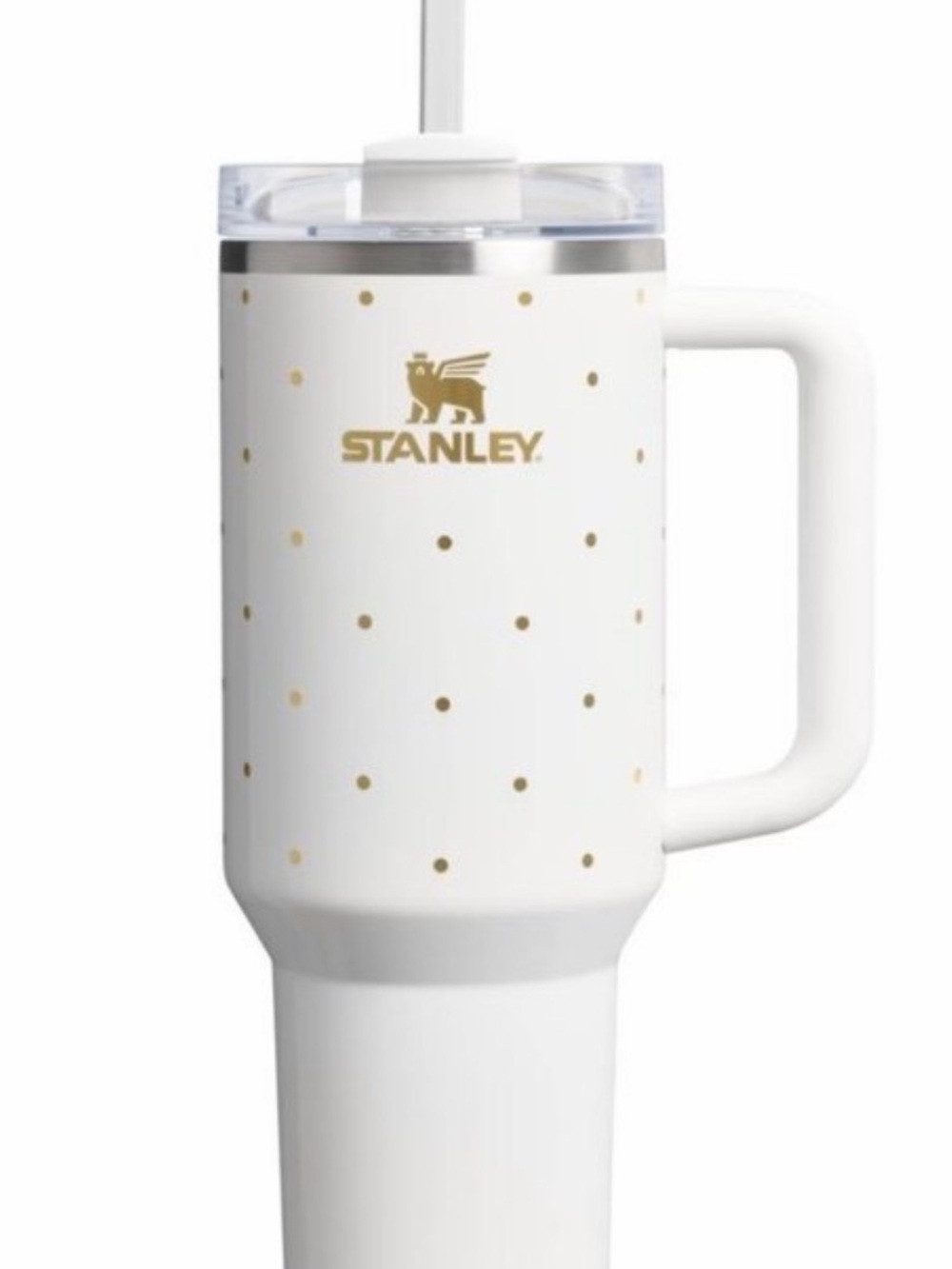 Stanley White Travel Mug with Gold Polka Dot Accents and Handle